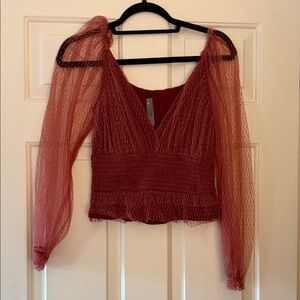 Anthropologie Rust Red Mesh Puff-Sleeve Peplum Blouse
